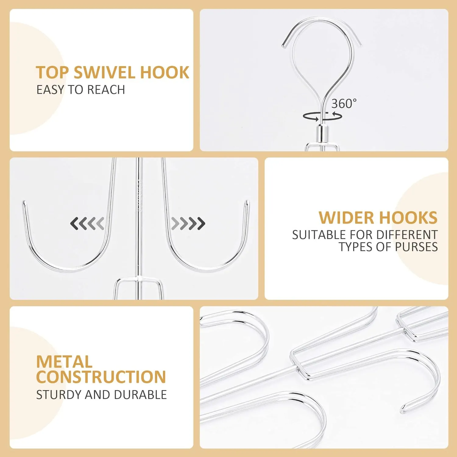 ZEDODIER Purse Hanger Organizer for Closet, 2 Pack Rotatable Hanging Bag Holder, 8 Storage Capacity, Keeping Purses Visible and in Good Condition, Metal Handbag Storage Hook Rack Space Saver, Silver