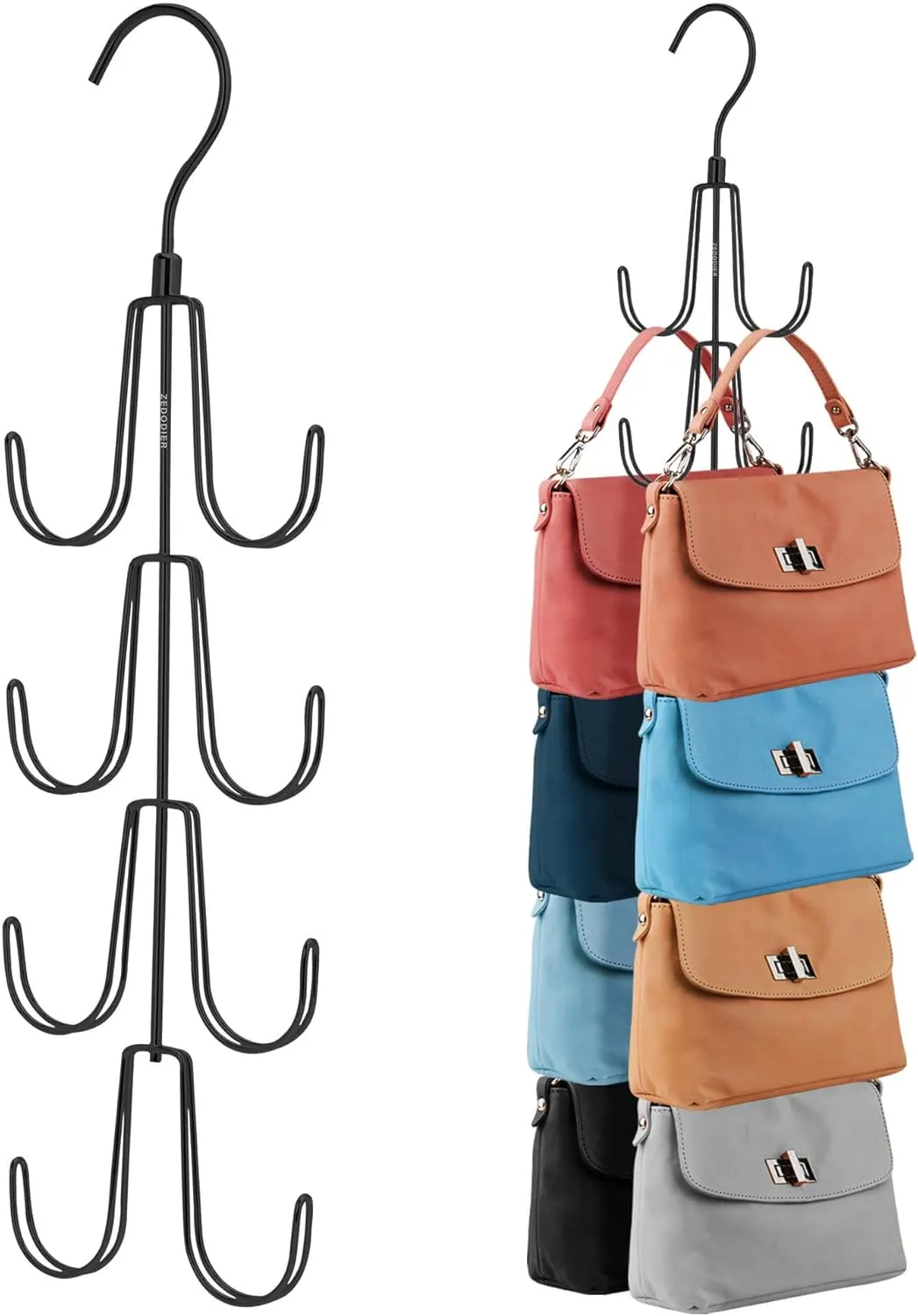 ZEDODIER Purse Hanger Organizer for Closet, 2 Pack Rotatable Hanging Bag Holder, Keeping Purses Visible and in Good Condition, Metal Handbag Storage Hook Backpack Rack Space Saving Hanger, Black