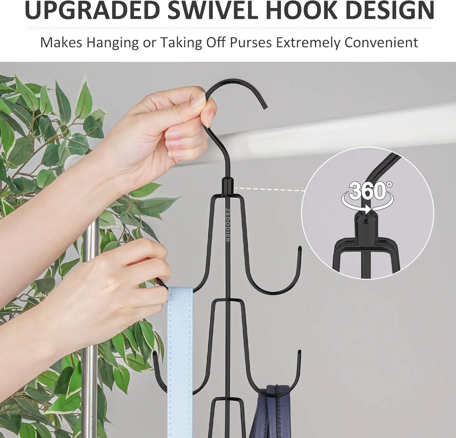 ZEDODIER Purse Hanger Organizer for Closet, 2 Pack Rotatable Hanging Bag Holder, Keeping Purses Visible and in Good Condition, Metal Handbag Storage Hook Backpack Rack Space Saving Hanger, Black