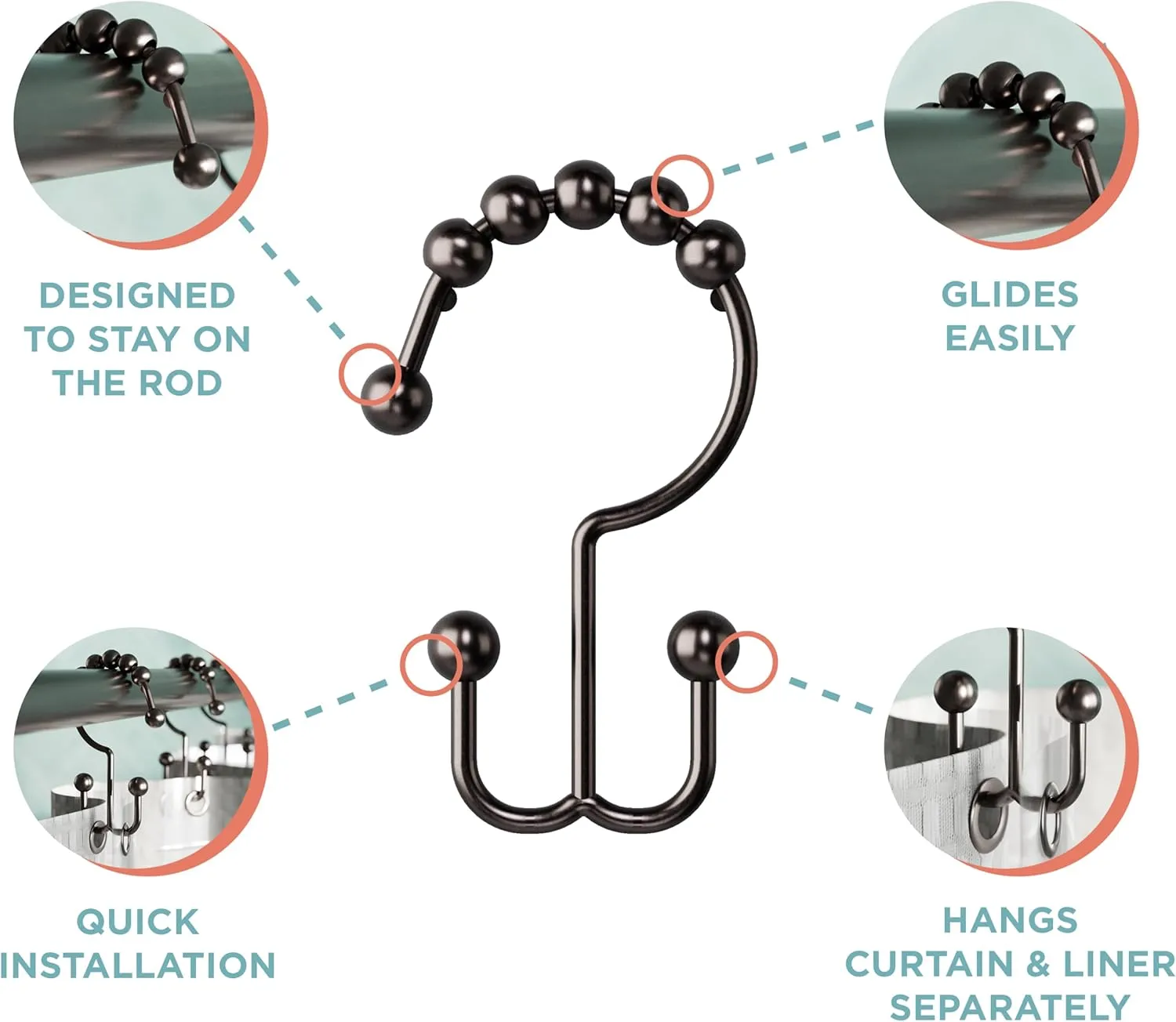 Zenna Home Metal Double Glide Shower Rings, Oil Rubbed Bronze – Set of 12 Heavy Duty, Rust-Resistant Shower Rings with Smooth Glide for Shower Curtains and Liners