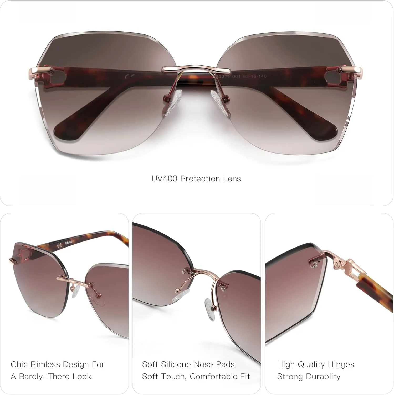 ZENOTTIC Oversized Rimless Sunglasses for Women Geometric Diamond Cutting Gradient Lens UV Protection Fashion Shades Trendy
