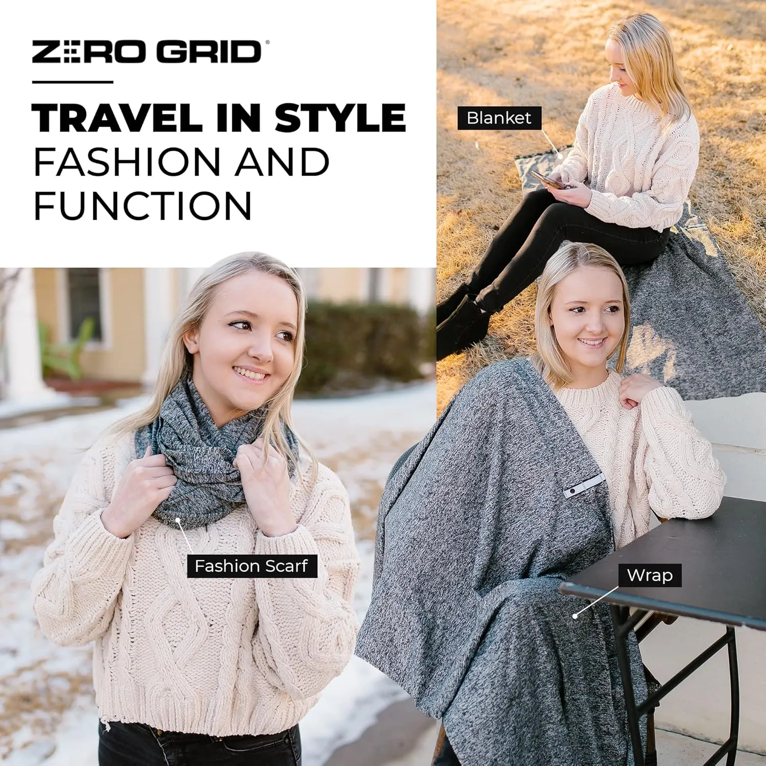 Zero Grid Infinity Travel Scarf Loop with Hidden Zipper Pockets for Passport, Phone, Cash, Cards