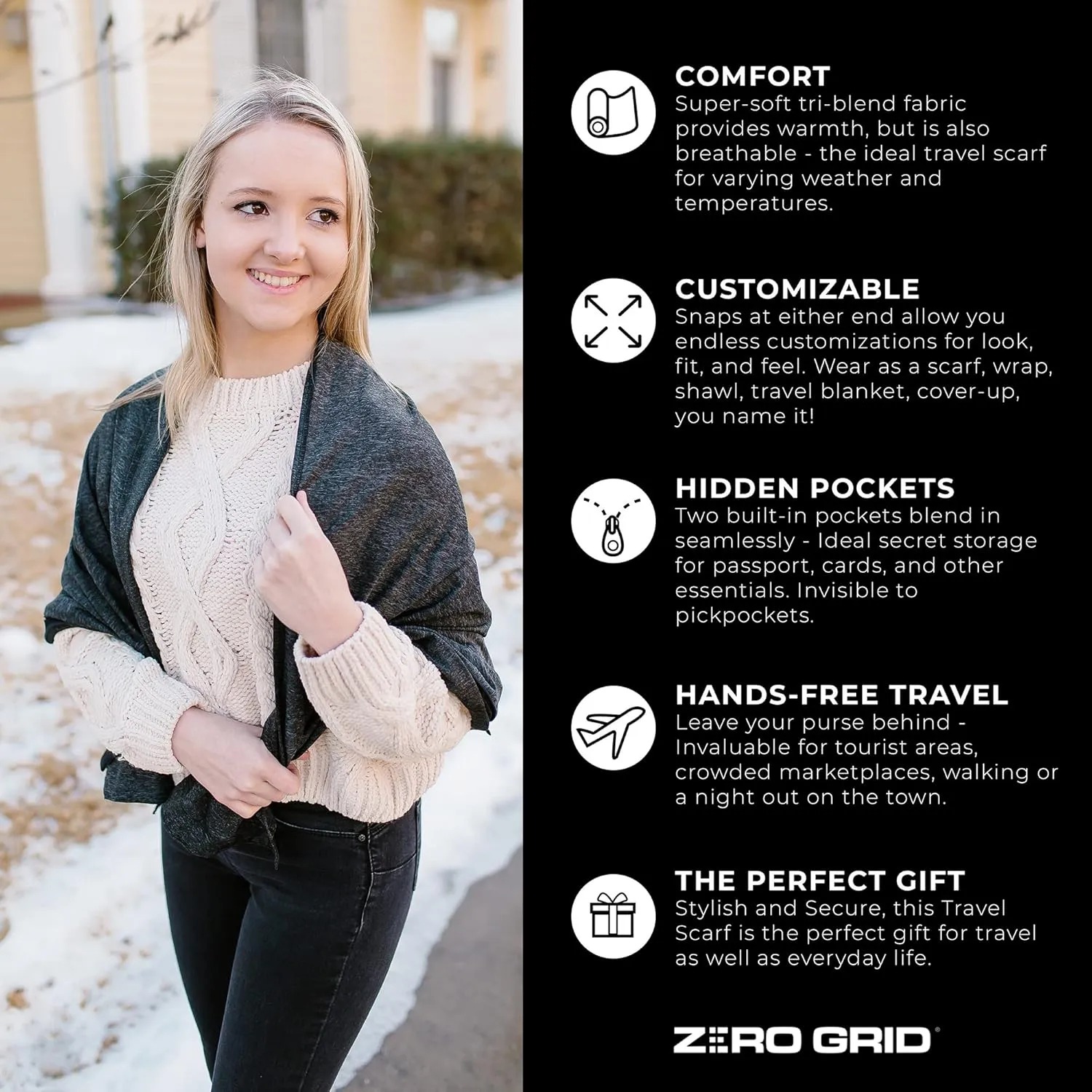 Zero Grid Infinity Travel Scarf Loop with Hidden Zipper Pockets for Passport, Phone, Cash, Cards