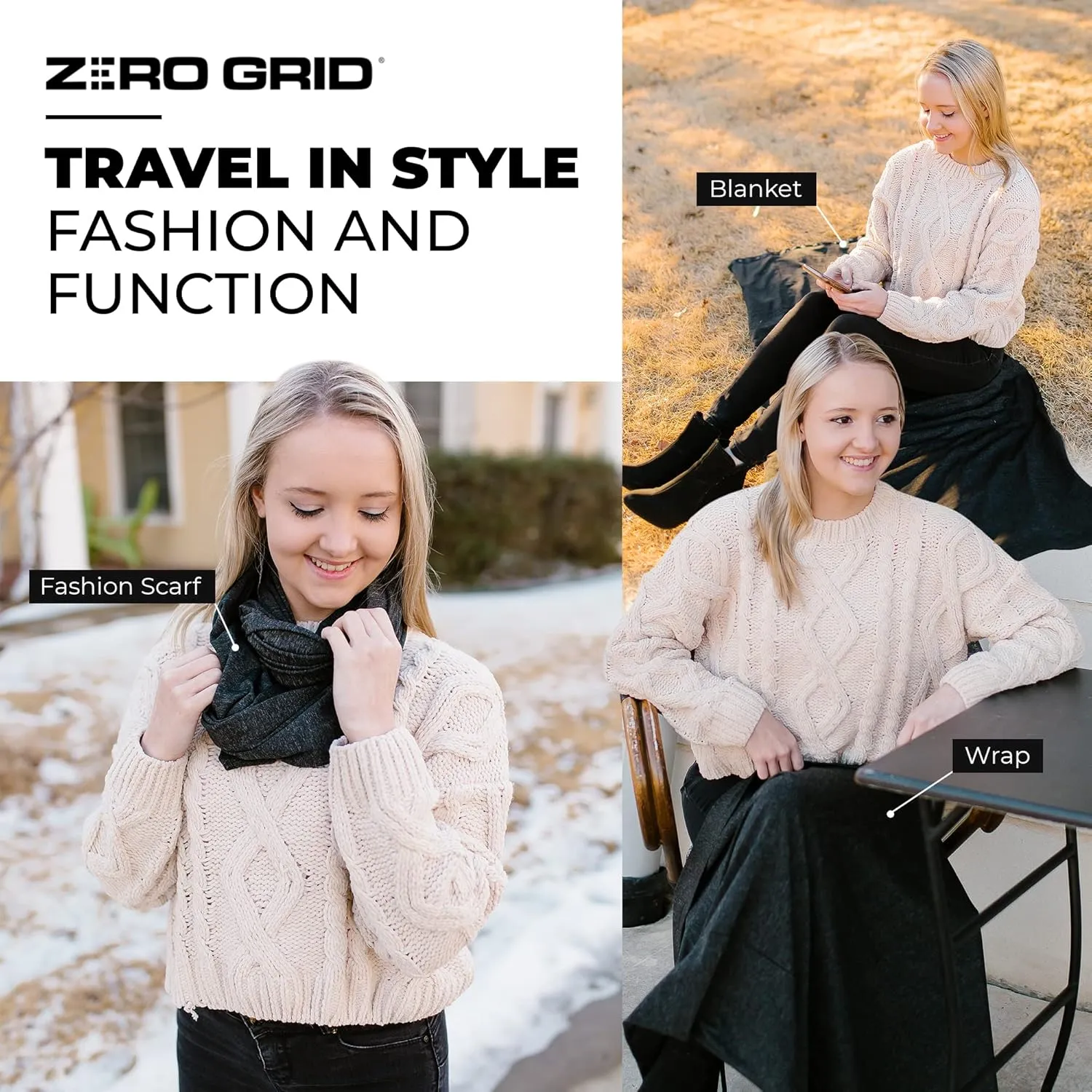 Zero Grid Infinity Travel Scarf Loop with Hidden Zipper Pockets for Passport, Phone, Cash, Cards