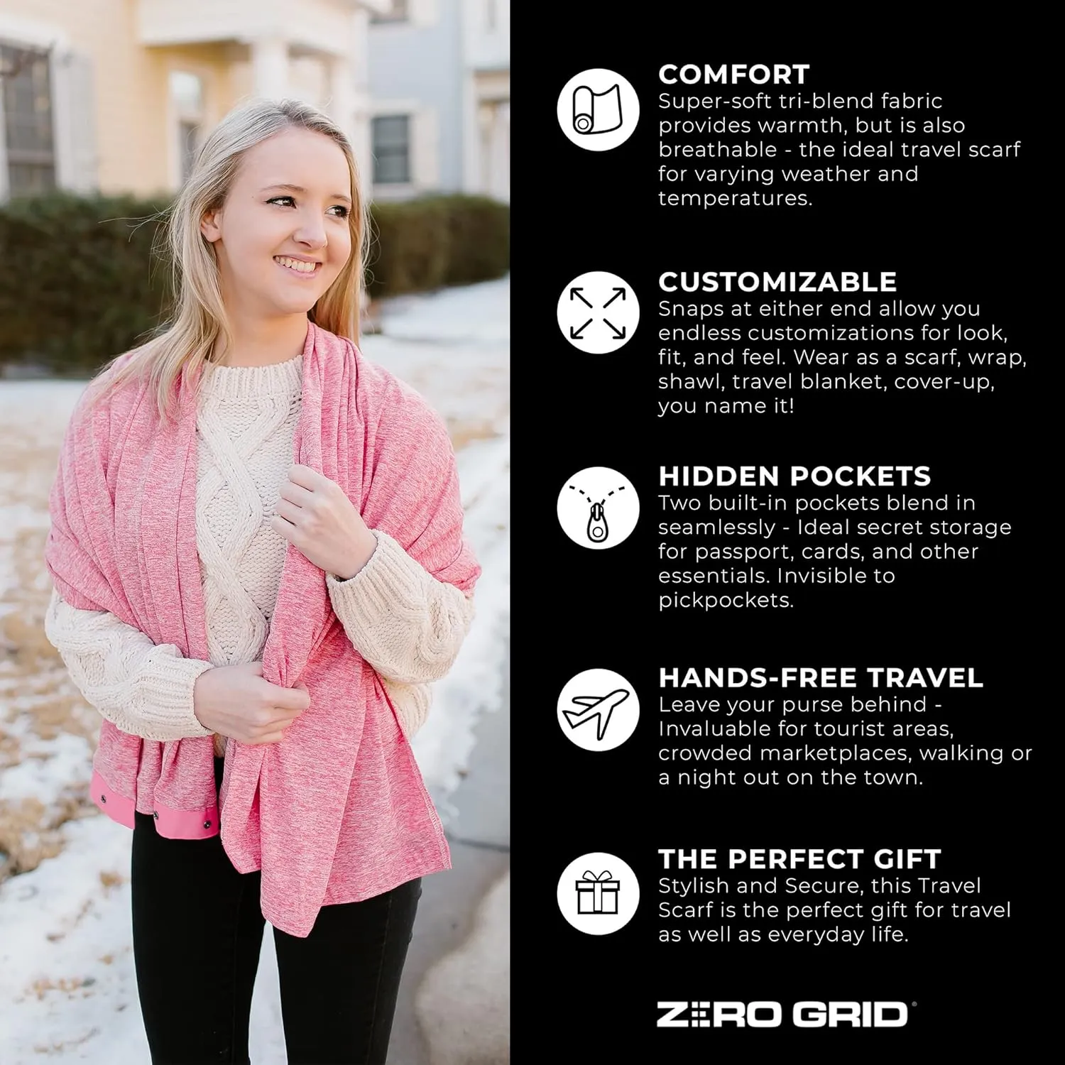 Zero Grid Infinity Travel Scarf Loop with Hidden Zipper Pockets for Passport, Phone, Cash, Cards