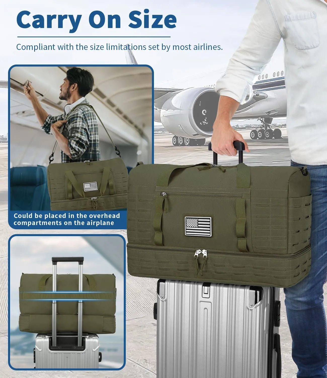 ZOMFELT Travel Bag for Men, Tactical Gym Duffle with Shoe Compartment & Toiletry Bag, Waterproof Carry On Weekender with Molle System for Overnight Trip, Tactical Use, Flight Approved, Army Green