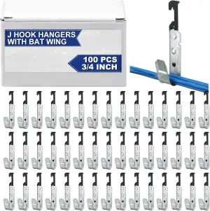 Zonon 100 pcs Metal J Hooks Cable Support J Hook Hangers with Bat Wing Heavy Duty G60 Galvanized Steel Cable for Hanging Attaching Ceiling Wire Threaded Rod, UL Certification(3/4 Inch)
