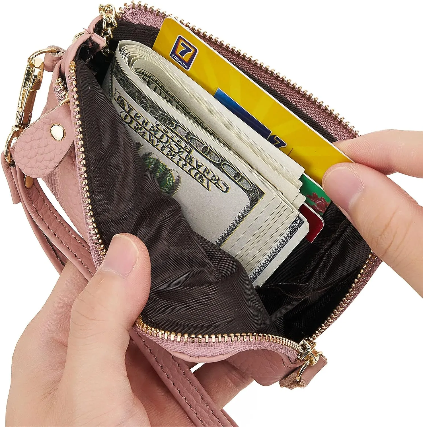 ZOOEASS Women Leather Coin Purse,Large Opening For Easy Access,With Wrist Strap(Pink)