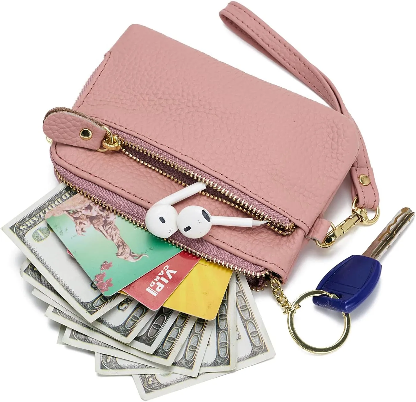 ZOOEASS Women Leather Coin Purse,Large Opening For Easy Access,With Wrist Strap(Pink)
