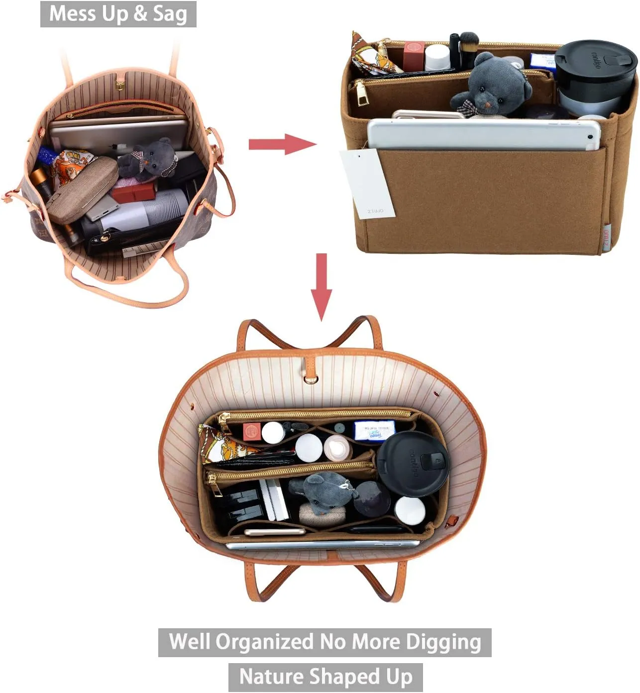 ZTUJO Purse Organizer, Felt Bag Organizer Purse Organizer Insert For Speedy, Neverfull, Graceful, Neverfull,Tote, Handbag,Shaper