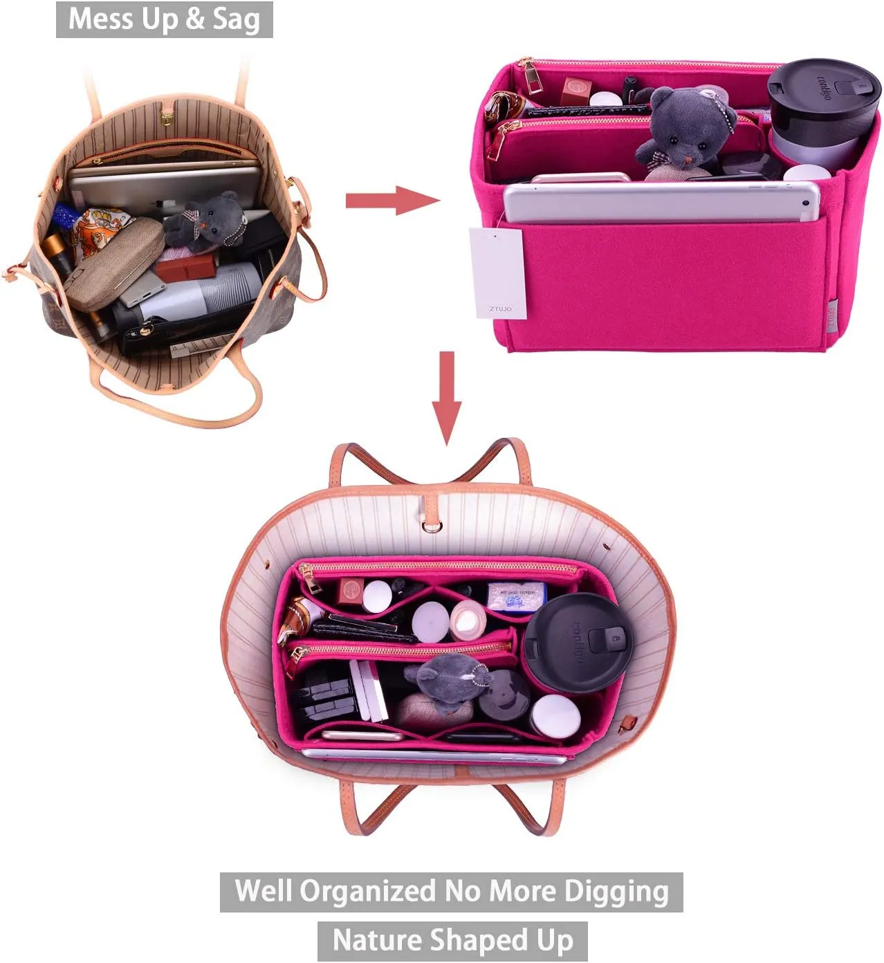 ZTUJO Purse Organizer, Felt Bag Organizer Purse Organizer Insert For Speedy, Neverfull, Graceful, Neverfull,Tote, Handbag,Shaper