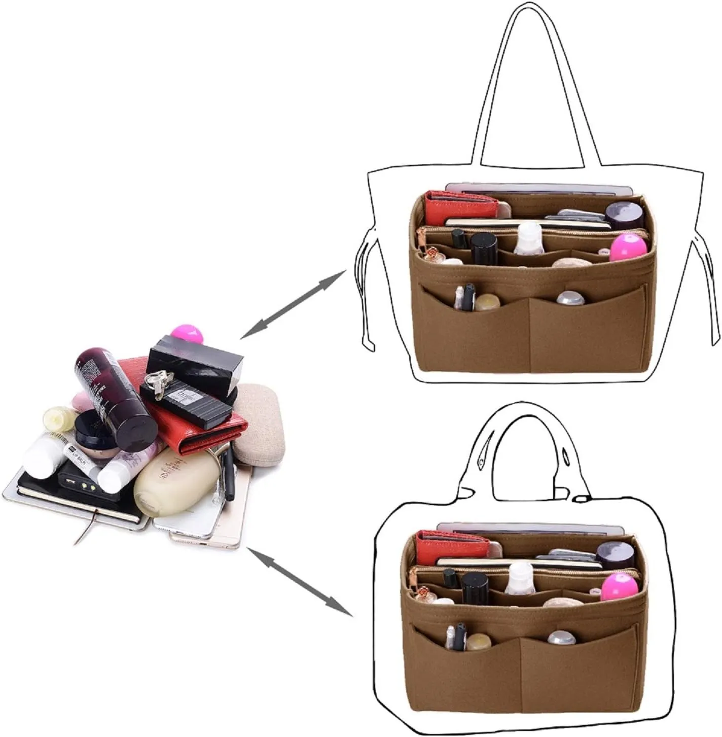 ZTUJO Purse Organizer Insert, Felt Bag Organizer with Metal Zipper, Handbag & Tote Shaper, For Speedy Neverfull Tote, 7 Sizes