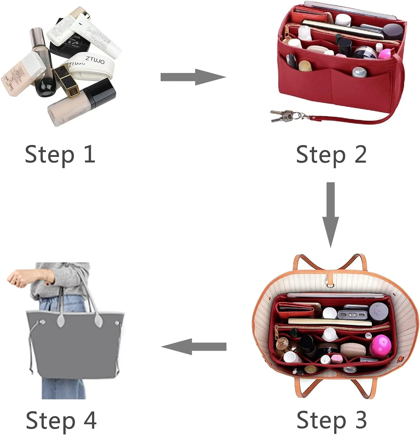 ZTUJO Purse Organizer Insert, Felt Bag Organizer with Metal Zipper, Handbag & Tote Shaper, For Speedy Neverfull Tote, 7 Sizes