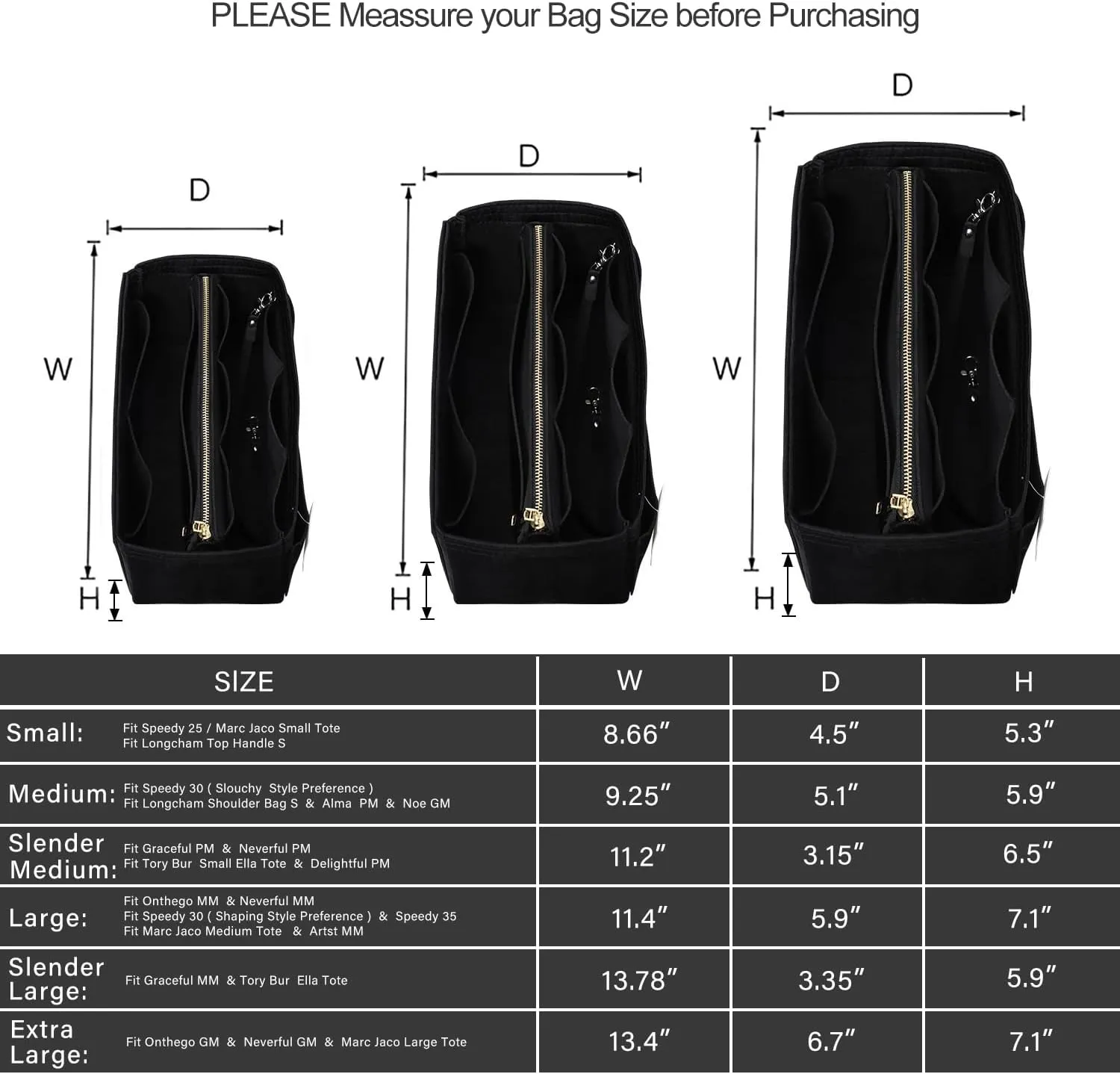 ZTUJO Purse Organizer Insert, Felt Bag Organizer with Metal Zipper, Handbag & Tote Shaper, For Speedy Neverfull Tote, 7 Sizes
