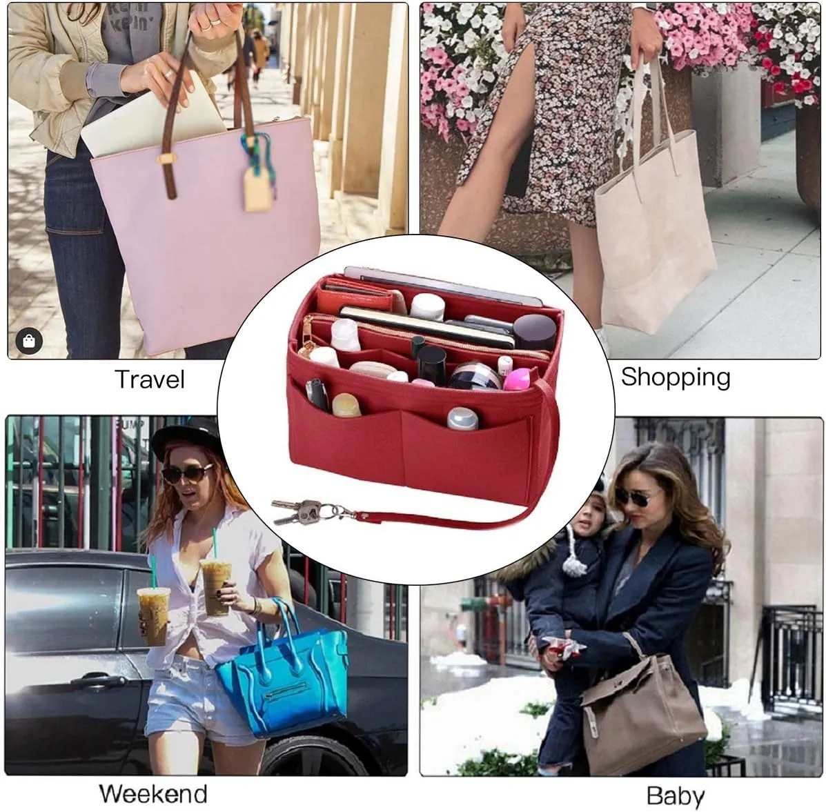 ZTUJO Purse Organizer Insert, Felt Bag Organizer with Metal Zipper, Handbag & Tote Shaper, For Speedy Neverfull Tote, 7 Sizes