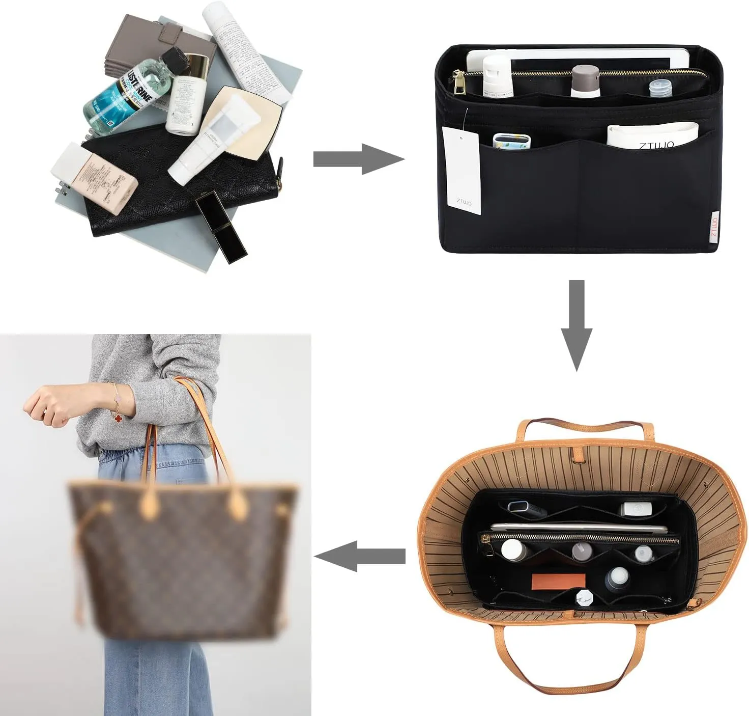 ZTUJO Purse Organizer Insert, Felt Bag Organizer with Metal Zipper, Handbag & Tote Shaper, For Speedy Neverfull Tote, 7 Sizes