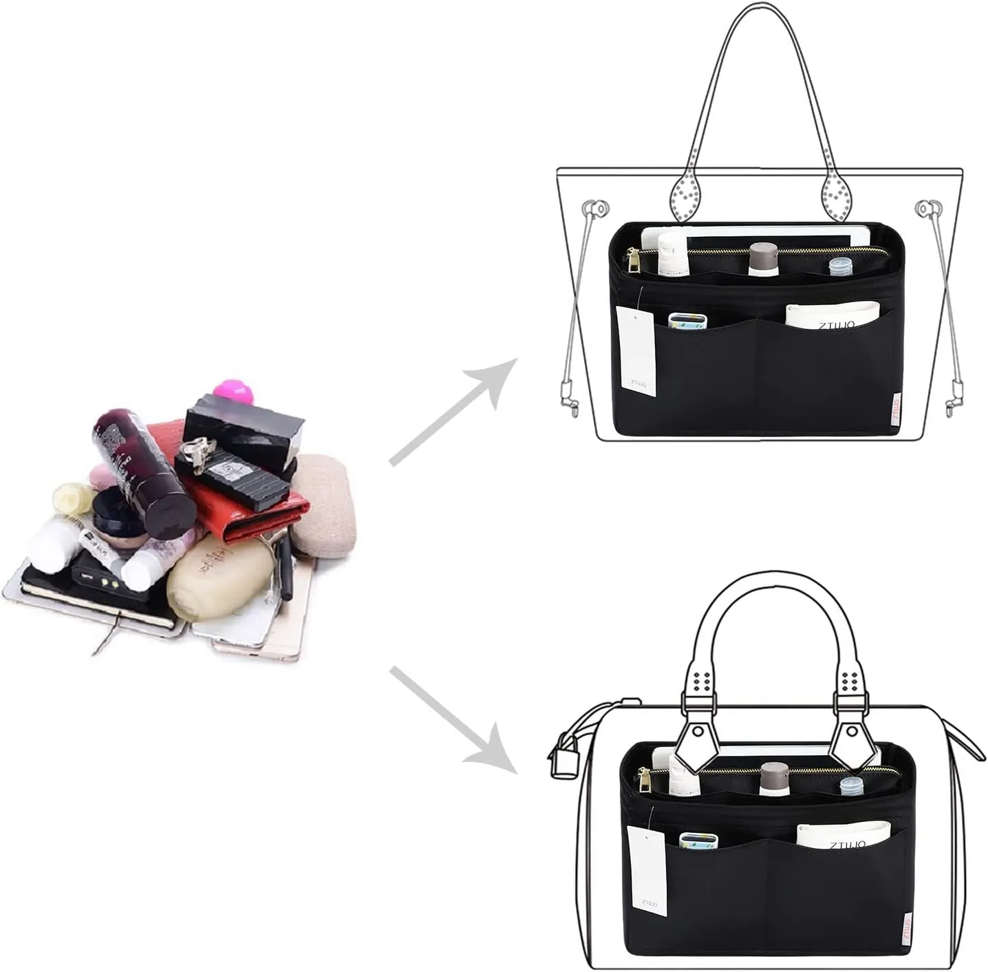 ZTUJO Purse Organizer Insert, Felt Bag Organizer with Metal Zipper, Handbag & Tote Shaper, For Speedy Neverfull Tote, 7 Sizes