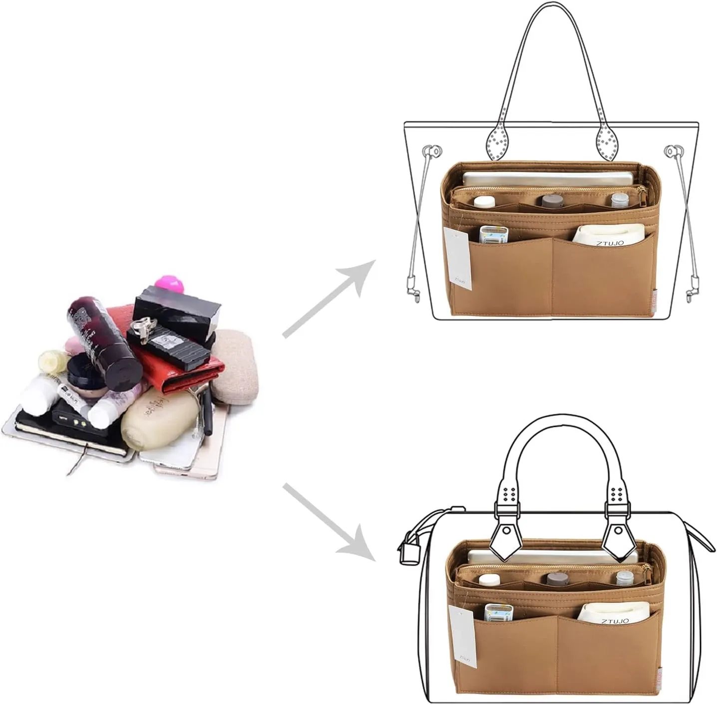 ZTUJO Purse Organizer Insert, Felt Bag Organizer with Metal Zipper, Handbag & Tote Shaper, For Speedy Neverfull Tote, 7 Sizes