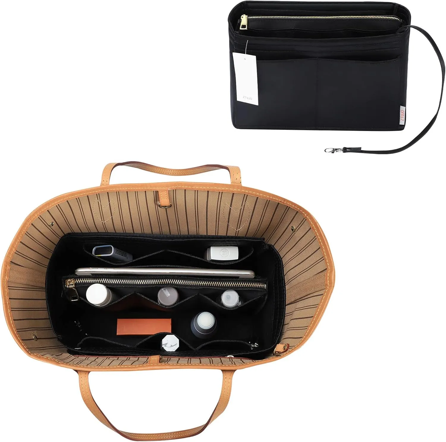 ZTUJO Purse Organizer Insert, Felt Bag Organizer with Metal Zipper, Handbag & Tote Shaper, For Speedy Neverfull Tote, 7 Sizes
