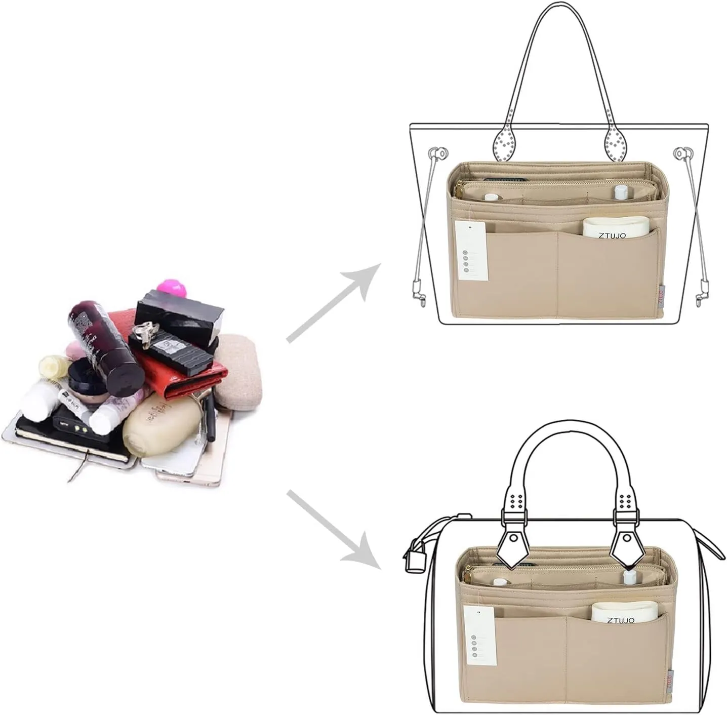 ZTUJO Purse Organizer Insert, Felt Bag Organizer with Metal Zipper, Handbag & Tote Shaper, For Speedy Neverfull Tote, 7 Sizes