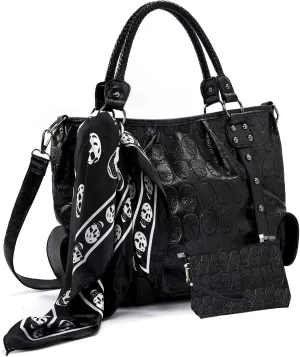 zuoge Women Skull Tote Bag Revit Studded Handbag Pu Leather Purse and Wallet Scarf 3Pcs Set