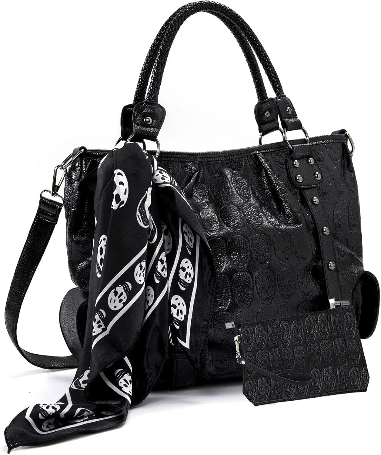 zuoge Women Skull Tote Bag Revit Studded Handbag Pu Leather Purse and Wallet Scarf 3Pcs Set