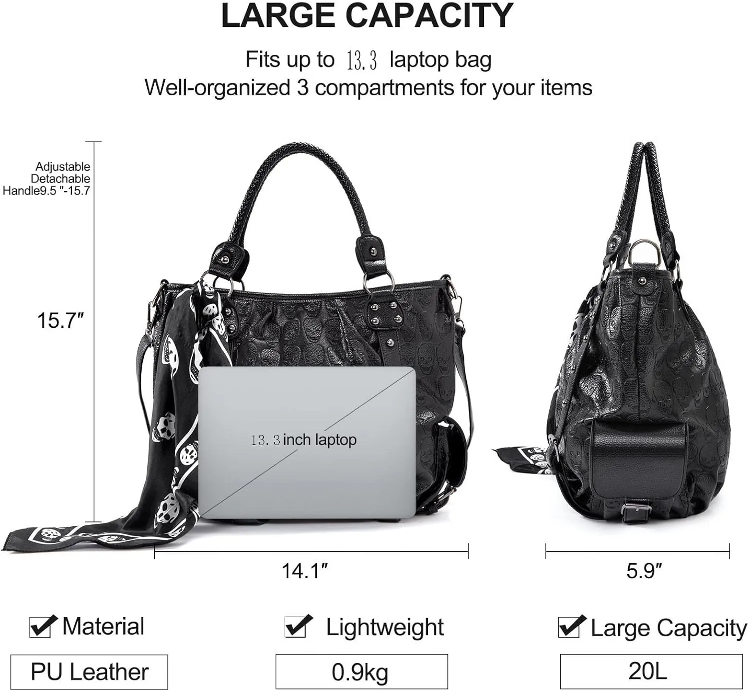 zuoge Women Skull Tote Bag Revit Studded Handbag Pu Leather Purse and Wallet Scarf 3Pcs Set