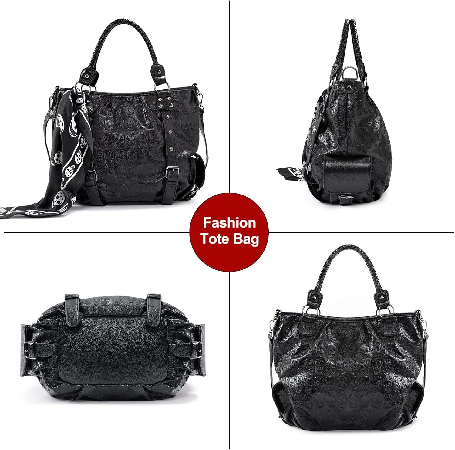 zuoge Women Skull Tote Bag Revit Studded Handbag Pu Leather Purse and Wallet Scarf 3Pcs Set