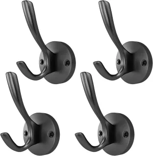 ZUONAI Black Coat Hooks 4 Pack Matte Black Hooks for Hanging Coats and Hat Hook Door Towel Hooks for Bathrooms Wall Mounted Double Metal Robe Hook Kitchen Hanger Sturdy Coat Locker Single