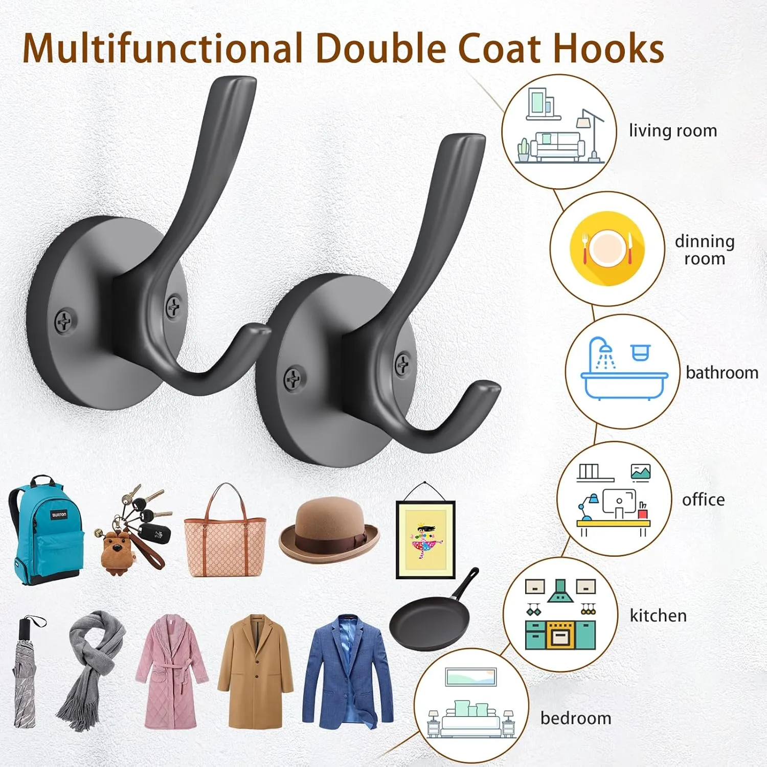 ZUONAI Black Coat Hooks 4 Pack Matte Black Hooks for Hanging Coats and Hat Hook Door Towel Hooks for Bathrooms Wall Mounted Double Metal Robe Hook Kitchen Hanger Sturdy Coat Locker Single