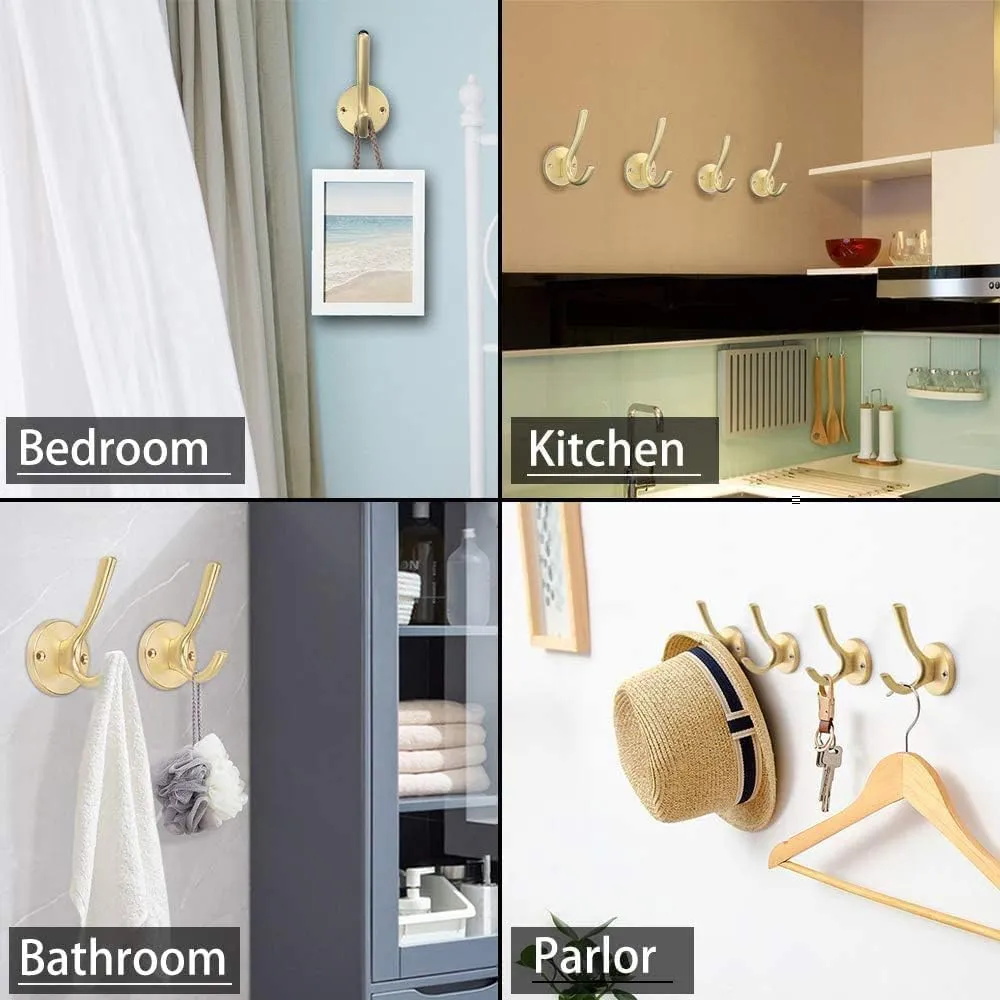 ZUONAI Gold Hooks 12 Pack Brushed Gold Wall Hooks Heavy Duty Metal Coat Hooks for Hanging Coats and Hat Hooks Wall Mounted Towel Hooks for Bathrooms Clothing Hooks for Bedroom Key Hanger Double Hooks