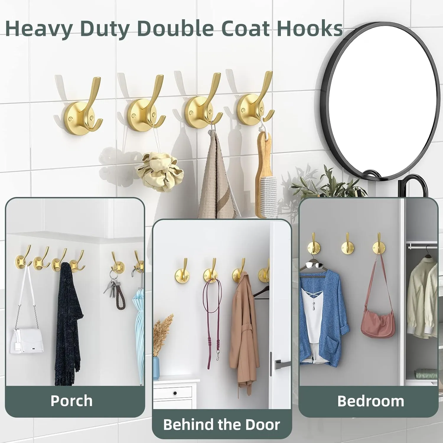ZUONAI Gold Hooks 12 Pack Brushed Gold Wall Hooks Heavy Duty Metal Coat Hooks for Hanging Coats and Hat Hooks Wall Mounted Towel Hooks for Bathrooms Clothing Hooks for Bedroom Key Hanger Double Hooks