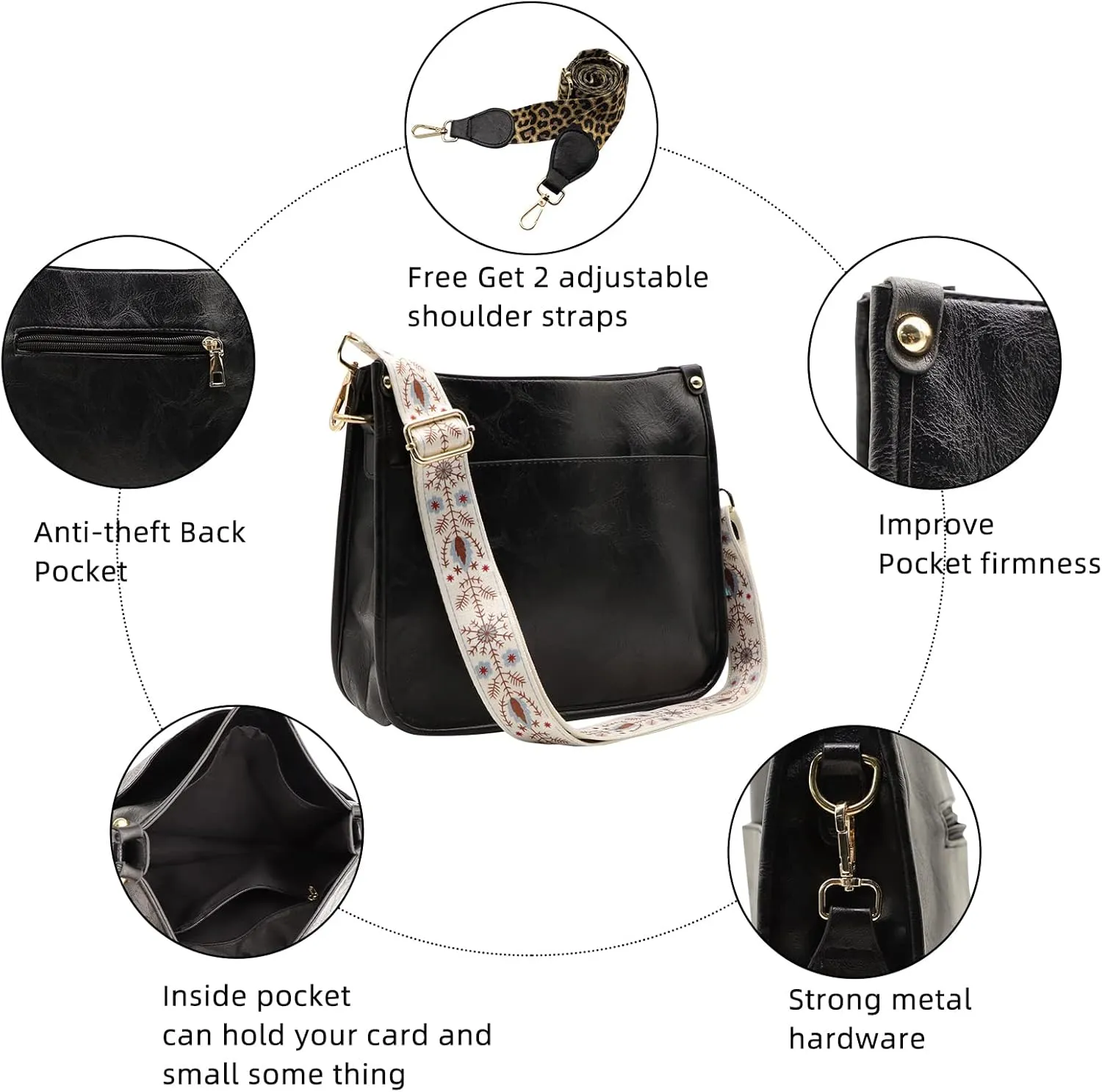 Zyyfly Vegan Leather Purse Medium Size Crossbody Bags for Women with Leopard Guitar Strap