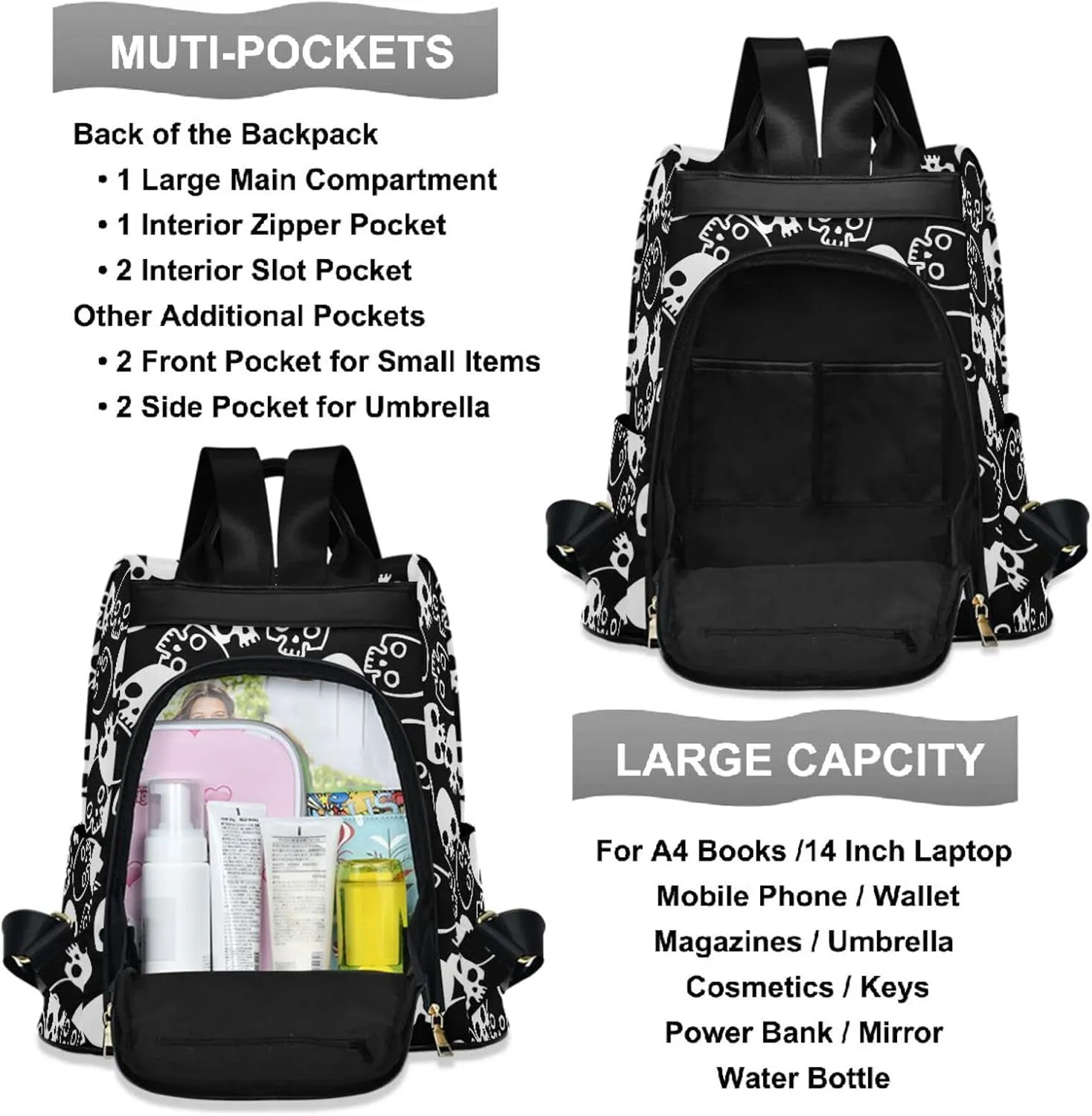 ZZKKO Skulls Backpack Purse for Women Rucksack Anti Theft Fashion Travel Lightweight Ladies Shoulder Bag